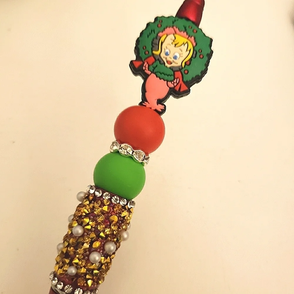 Handmade The Grinch Cindy Lou Who Beaded Silicone Focal Bead Rhinestone Pen